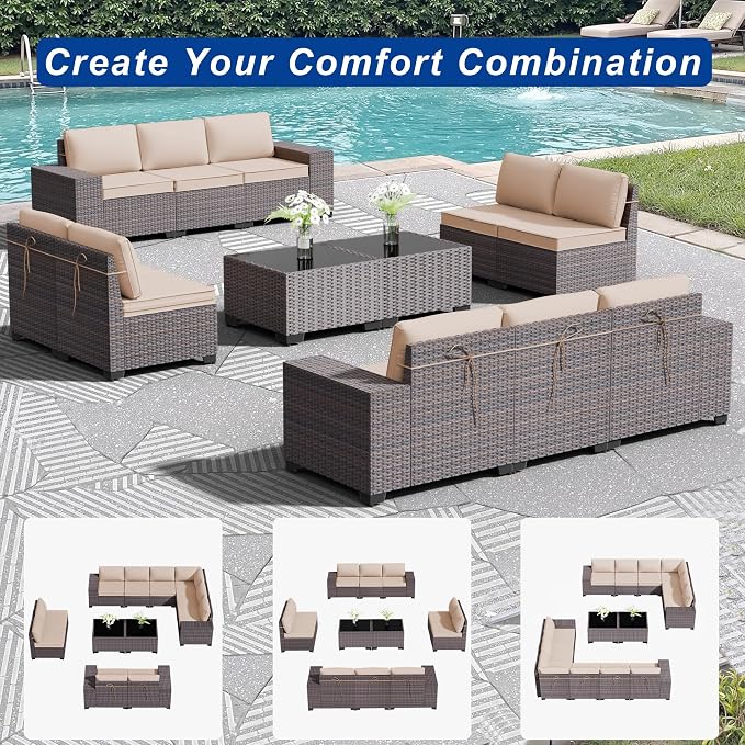 Outdoor Patio Furniture Set, 12 Pieces Outdoor Sectional Furniture High Backrest Patio Sofa, All-Weather PE Rattan Patio Conversation Set with Coffee Table & Cushions(Brown).