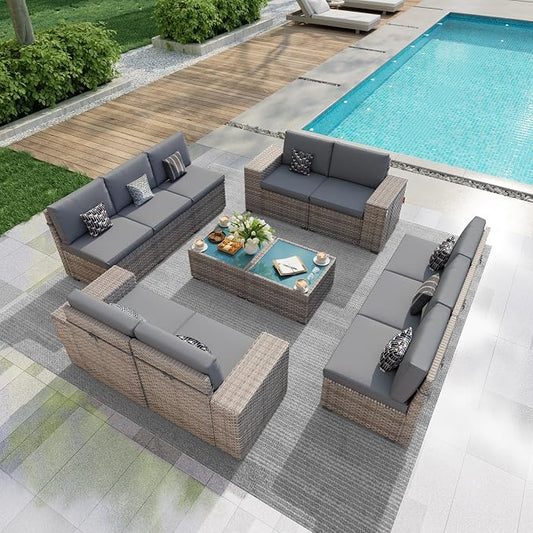 12-Piece Outdoor Patio Furniture Set, Rattan Wicker Conversation Set with Wide Armrests, Outdoor Modular Sectional Couch Seating Group Sofa for Deck Garden Porch (Gray Cushions)