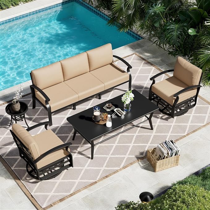Aluminum Patio Furniture Set with Coffee Table,5 Seats Metal Modern Outdoor Furniture Set w/5.1" Thick Cushions,Patio Sectional w/Swivel Chairs for Backyard,Patio,Sand