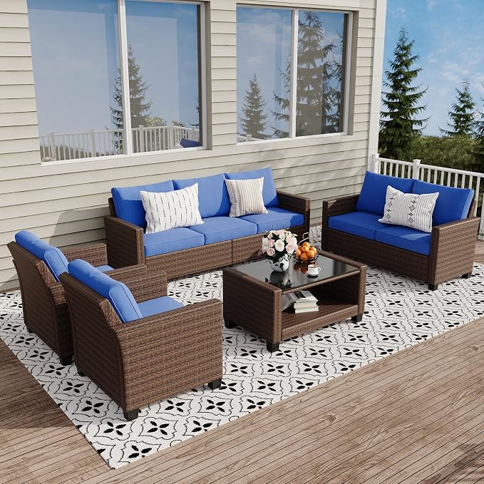 GarveeLife 5 Pieces Patio Furniture Set, 7-Seater Rattan Wicker Patio Conversation Sets with Coffee Table, Outdoor Sectional Patio Sofa Set, Brown Rattan and Blue Cushions