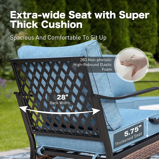 SUNSHINE VALLEY 5 Piece Metal Outdoor Patio Furniture Set, Patio Conversation Set with 3-Seater Sofa, Loveseat, 2 Rocking Sofa (5.75" Thick Cushion) & Coffee Table Black Backyard Furniture, Denim Blue
