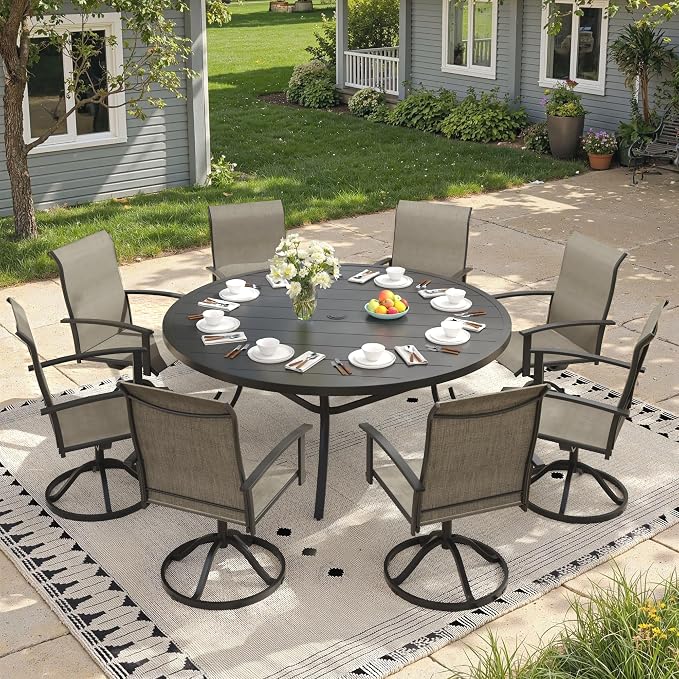9 Pieces Round Patio Dining Set, Outdoor Furniture of 60" Round Patio Table and Patio Swivel Chairs for Backyard Lawn Garden, Black Table and Mixed Brown Chairs