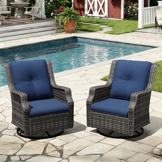 Swivel Patio Chairs Set of 2, Wicker Patio Furniture with Thick Cushions, Curved Armrest, Deep Seating, Rattan Outdoor Chairs for Porch, Deck, Balcony