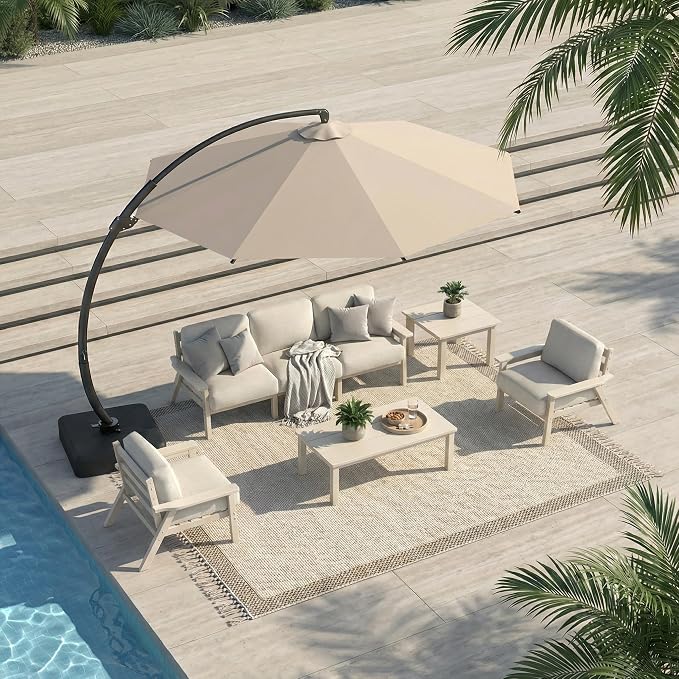 7 Piece Patio Conversation Sets, Outdoor Couch with Washable Thick Beige Cushions, HDPE Patio Furniture Set with 12FT Umbrella, Outdoor Sectional Furniture for Backyard (White Frame)