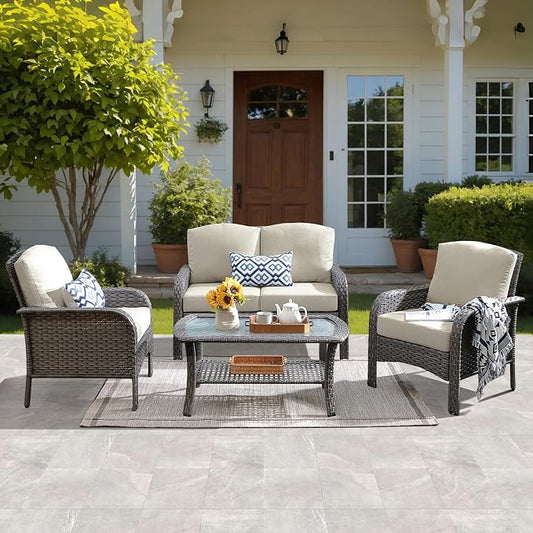 ovios 4-Piece Patio Furniture Set, Outdoor Wicker Sofa with Chairs Coffee Table, High Back Rattan Couch Loveseat with Comfy Cushions for Porch Yard Deck, Beige