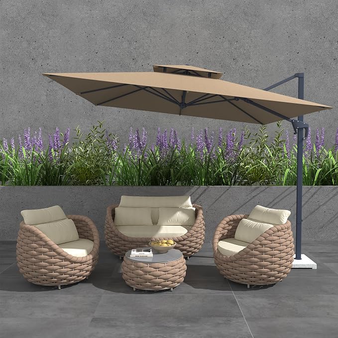 TWT Outdoor Patio Furniture Set-5 Pieces Aluminum Sectional Sofa, Metal Patio Conversation Set with Loveseat & Armchair, Textile Rope and Coffee Table, Light Brown