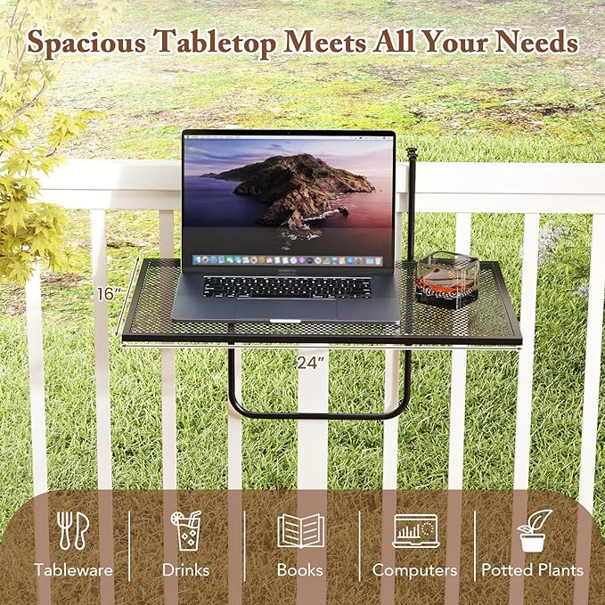 HAPPYGRILL Balcony Hanging Table for Railing, Outdoor Metal Folding Deck Bar Table with Adjustable Hooks, Black