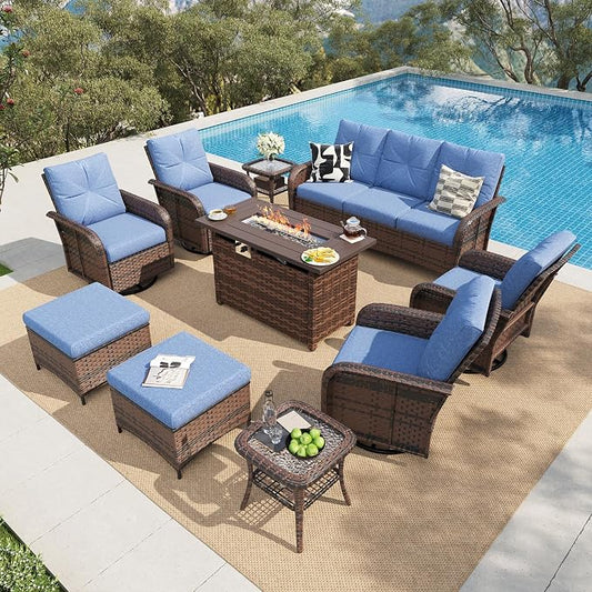 LazySunsets 12 Piece Outdoor Patio Furniture Set with 44'' Fire Pit Table, Wicker Rattan Outdoor Furniture with High Back Swivel Rocker Chairs, Outdoor Sofa Set with Thick Cushion & Ottoman, Navy Blue