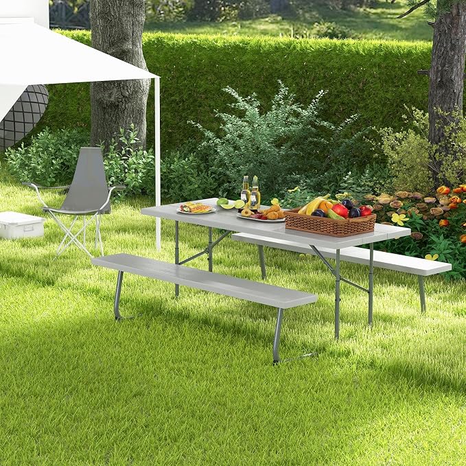 Tangkula 6 Ft Folding Picnic Table, Outdoor 8 Person Large Picnic Table Set with 2 Built-in Benches, Umbrella Hole, Metal Frame & HDPE Tabletop for Garden, Backyard (Grey)