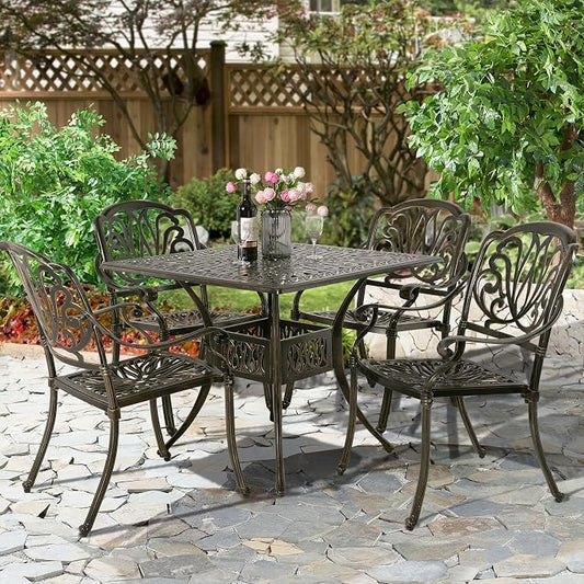 5-Piece Outdoor Patio Dining Set, All-Weather Cast Aluminum Patio Furniture Set for Backyard Garden Deck with 4 Chairs and 35.4” Square Table, 2.2" Umbrella Hole