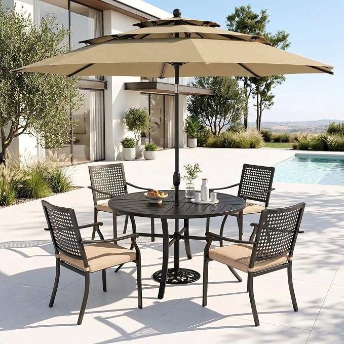 PHI VILLA Outdoor Round Table Set w/Umbrella, 5pc Patio Metal Furniture | 42" wrought iron table & stackable chairs for 4. 10ft beige umbrella. Perfect for deck, porch, backyard