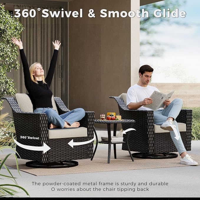 6 Pieces Patio Conversation Furniture Set - 1 Sofa, 2 Swivel Chairs, 2 Armchairs, 1 Side Table, Outdoor Wicker Furniture with Removable Cushions for Porch, Balcony, Sunroom (Beige)