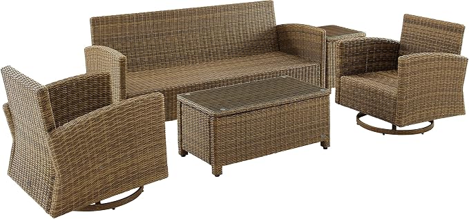 Crosley Furniture Bradenton 5-Piece Wicker Outdoor Sofa and Swivel Rocker Patio Furniture Set for Porch, Brown with Gray Cushions