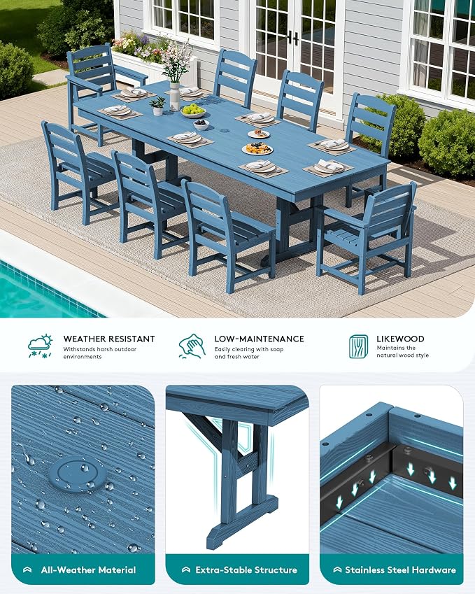 SERWALL 9 Piece Outdoor Dining Set, 84" HDPE Outdoor Table with 6 Armless Chairs and 2 Armchairs ，All Weather Patio Dining Furniture Set with Umbrella Hole for Backyard, Garden, Blue