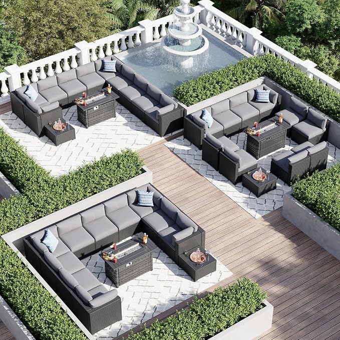 Aoxun 15 Piece Patio Furniture Set with 44” Fire Pit Table Rattan Patio Sectional Sofa Set Outdoor Seating Furniture with Thickened Cushion, Grey