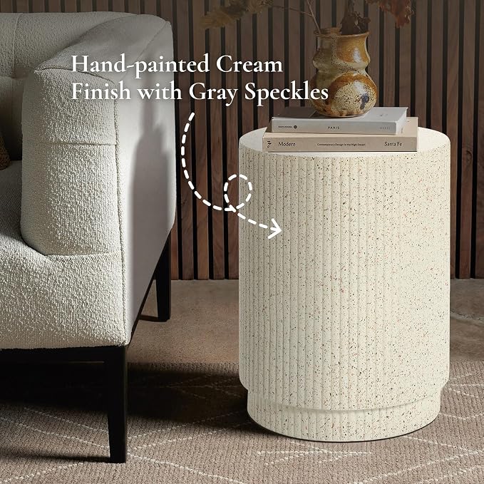 LuxenHome Cream Cement Round Outdoor Side Table, Set of 2
