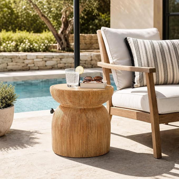 Merax MGO Outdoor Patio Side Table Umbrella Base, 16" Height Boho Outdoor End Table with Adjustable Umbrella Holder & Sand-Filling Design for Garden Poolside Deck, Sand Beige Finish