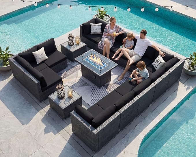 NICESOUL 15 Piece Outdoor Patio Furniture Set with Fire Pit, Extra Large Wide Outdoor Deep Seated Sectional, Cozy 29.3'' High-Back Modular Couch, 500 Lbs High Weight Capacity Wicker Sofa, Gray & Black