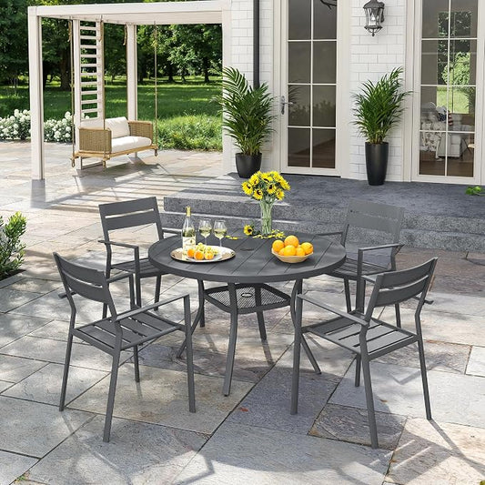 VICLLAX Patio 5 Pieces Outdoor Dining Set, Wrought Iron Metal Outdoor Table and Chairs Set, 40.6" Round Table with Umbrella Hole and 4 Stackable Chairs for Lawn, Garden, Porch, Dark Grey/Grey