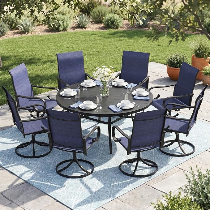 9 Pieces Patio Dining Set, 8 Outdoor Swivel Dining Chairs with 60" Round Metal Outdoor Dining Table with Umbrella Hole for Garden Backyard Deck, Dark Blue & Black