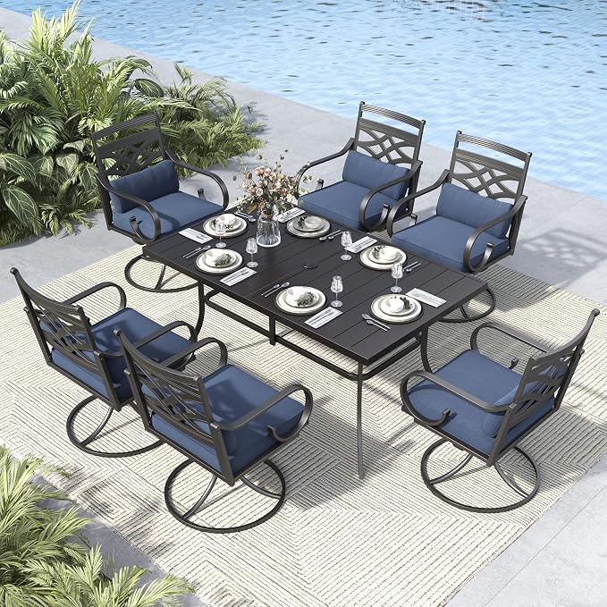 MFSTUDIO 7 PCS, Patio Dining Set, 60"×38", Swivel Chairs, Umbrella Hole | Blue, Steel, Metal, E-coated frame