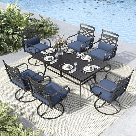 MFSTUDIO 7 PCS, Patio Dining Set, 60"×38", Swivel Chairs, Umbrella Hole | Blue, Steel, Metal, E-coated frame