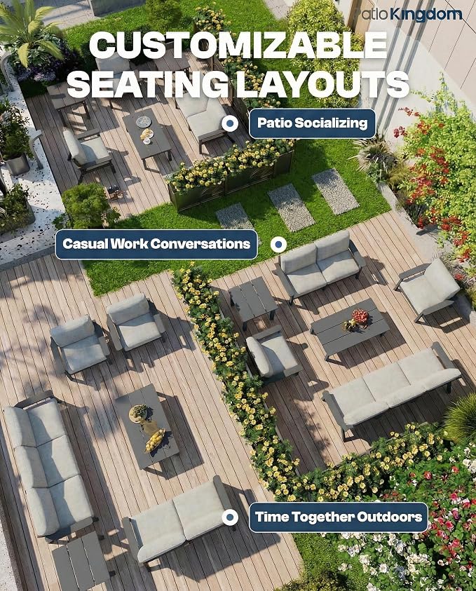 7 Piece Patio Conversation Sets, Outdoor Couch with Washable Thick Gray Cushions, HDPE Patio Furniture Set with 12FT Umbrella, Outdoor Sectional Furniture for Backyard (Grey Frame)