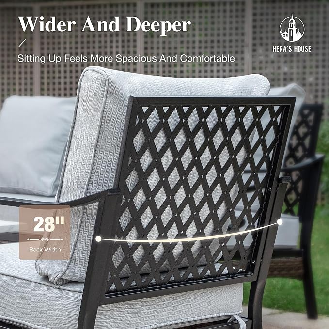 HERA'S HOUSE 4 Piece Metal Patio Furniture Set, All Weather Outdoor Conversation Set with 3 Seat Sofa, 2 Rocking Chairs & Coffee Table, Seats 5 for Backyard, Garden, Deck, Light Grey