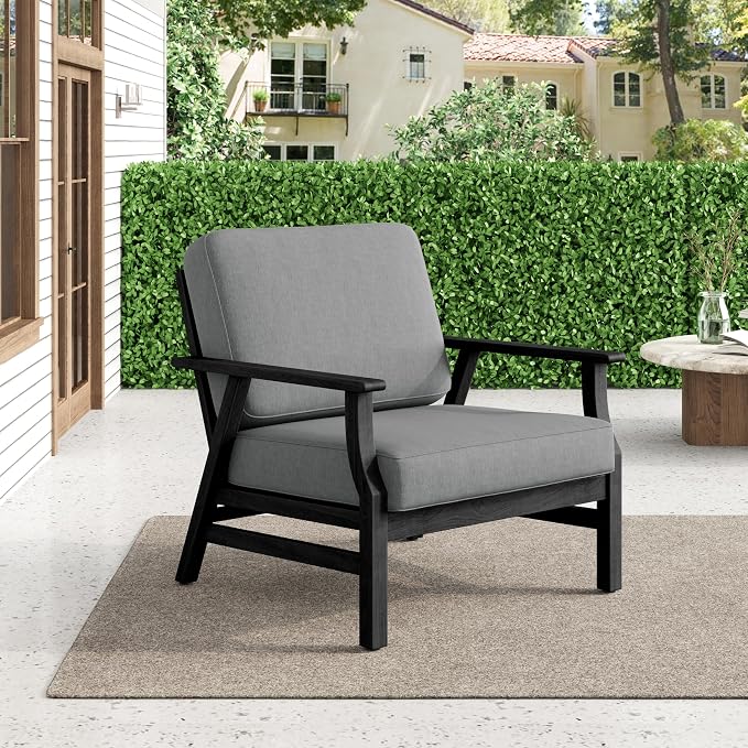 3 Piece Wood Patio Chair Outdoor Bistro Set, Outdoor Armchair All Weather Patio Sofa Furniture Backyard Conversation Sets with Dark Wooden Side Table, Grey