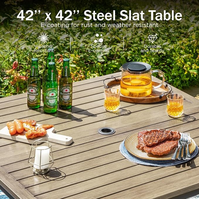 PHI VILLA Patio Dining Set, Swivel Chairs, Square Metal Table | Metal chairs, Red, Umbrella Hole, Cushions, E-coated