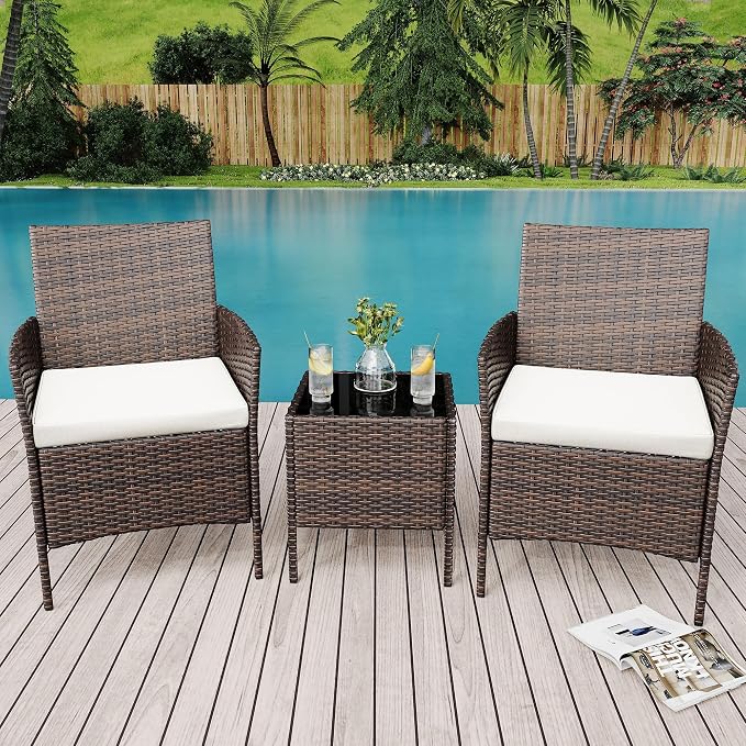 Garvee Patio Conversation Set 3 Piece, Brown Wicker Rattan Outdoor Furniture Set with Cushioned Chairs and Glass Top Coffee Table for Small Patio, Porch, Balcony, Backyard