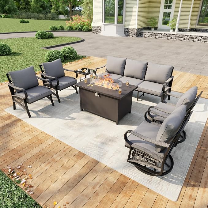 7 Pieces Patio Conversation Sets, All Weather Metal Outdoor Furniture Set 3-Seater 2 Single Chairs 2 Swivel Rockers with Side Table and Fire Pit Table for Backyard Garden Deck Porch Poolside, Gray
