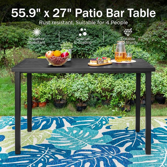 PHI VILLA Outdoor Tall Bar Table, 55”x27” Counter Height Dining Table with Wood-Like Metal Frame & Adjustable Feet, Black High Top Pub Cafe Table for Patio, Yard