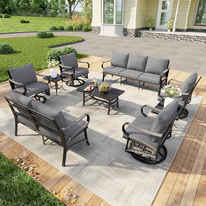 9 Pieces Patio Furniture Set, Metal Outdoor Conversation Sets with Swivel Chairs, Modern Couch Sofa Seating Group with Coffee Table and Side Table (Thick Gray Cushions)