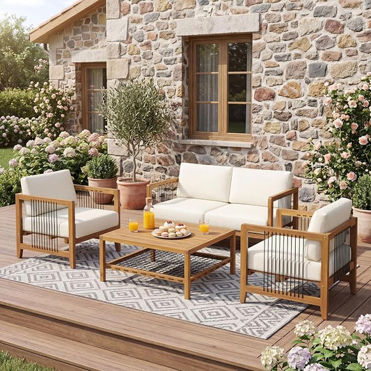 Christopher Knight Home 4 Piece Acacia Wood Outdoor Patio Sofa Set with Black Rope Accents Water Resistant Cushions Teak Finish Conversation Set for Backyard Garden Poolside