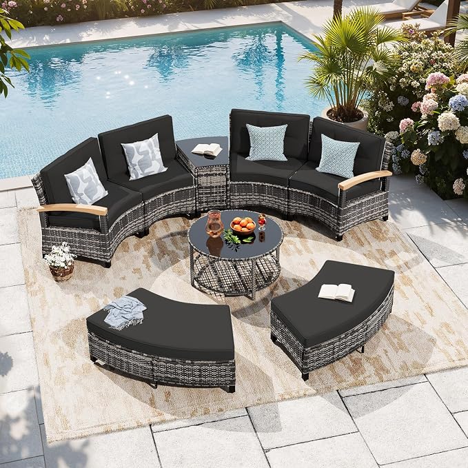 MEISSALIVVE 8-Piece Half-Moon Curved Outdoor Patio Furniture Set, Sectional Conversation Sofa with 2 Half-Moon Ottomans, Coffee & Side Tables for Backyard Deck Garden, Black