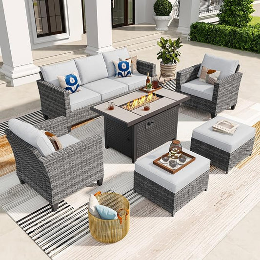 ovios 6 Pieces Patio Furniture Set with Fire Pit Table, Outdoor Wicker 3-Seat Sofa with Comfy Cushion, High Back Rattan Conversation Set for Deck Porch, Grey