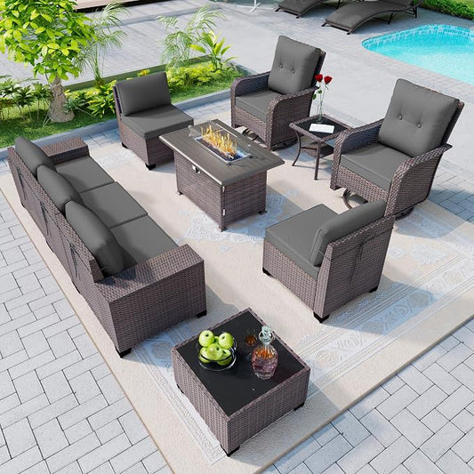 Patio Furniture Set 10 Pieces Outdoor Furniture Patio Conversation Set w/43in 55000 BTU Propane Fire Pit Table,PE Rattan Wicker 10 Pcs Outdoor Sofa Set w/Swivel Rocking Chairs,Grey