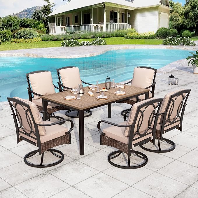 Sophia & William Outdoor Patio Table and Chairs for 6 Outdoor Dining Set with 6 Padded Large Patio Swivel Rocking Chairs, 64" X 38" Rectangular Metal Table for Garden Deck Backyard