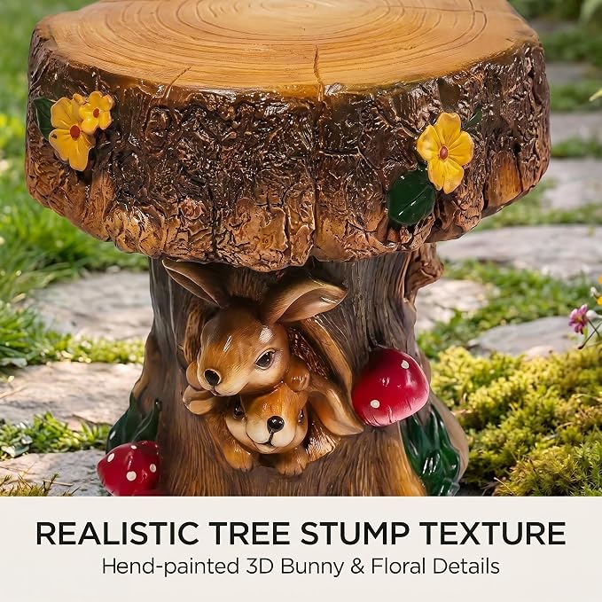 12.6" Resin Rabbit Tree Stump Stool – Whimsical Indoor Outdoor Garden Chair, Decorative Accent Seat for Patio Backyard Terrace, Unique Forest Animal Figurine Decor for Kids Room & Garden