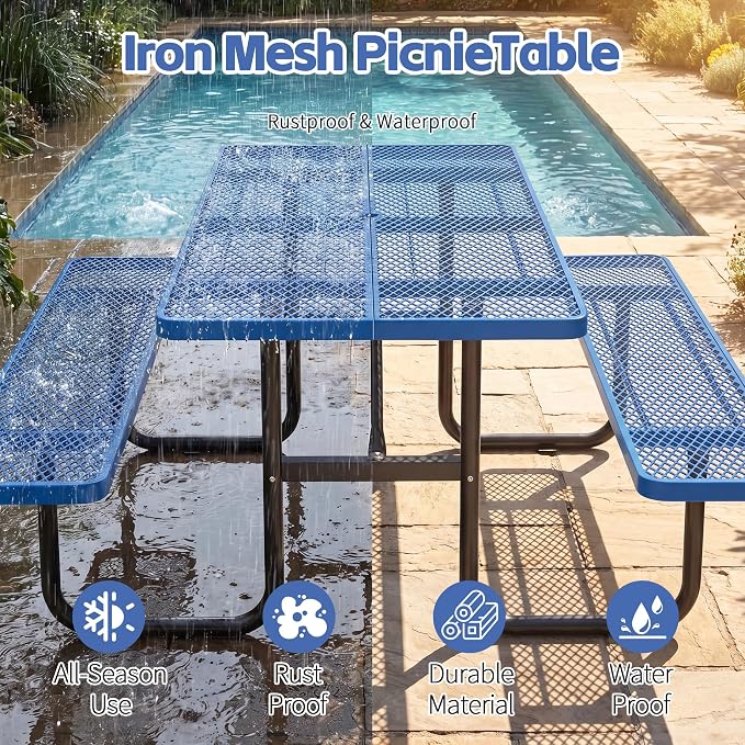 72" Outdoor Rectangular Picnic Table with Umbrella Hole, Heavy Duty Commercial Grade Steel Camping Table for Backyard Patio Deck, Weather-Resistant Blue Metal Mesh