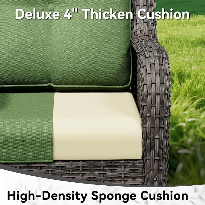 Patio Chairs Set of 2, Outdoor Wicker Patio Furniture Set with Thickened Olefin Cushions, High Back and Deep Seating, Wide Curved Armrest Hand-Woven PE Rattan for Porch, Deck, Green