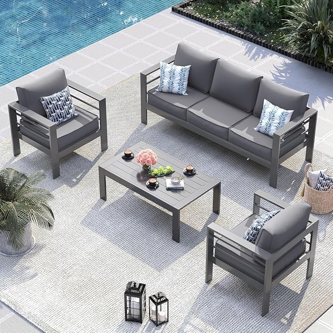 UDPATIO Aluminum Outdoor Furniture Set, 3.2'' Wide Armrest, 240g Premium Olefin Fabric All-Weather & UV-Resistant Patio Furniture Set for Deck, Backyard, Poolside, Dark Gray