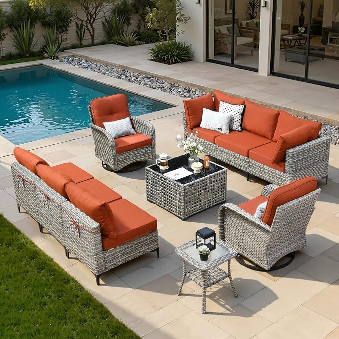 10 Pieces Patio Sectional Furniture Set, Outdoor Wicker Sectional Couch with High Back Swivel Rocker Chairs Solar Lights Table, Modern Conversation Set for Porch Balcony Backyard, Orange