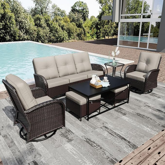 Joyside Wicker Patio Furniture Set, 7 Piece Outdoor Furniture Set with Thickened Cushions, High Back, Deep Seating, Wide Armrest, Outdoor Swivel Rocker Chairs for Porch, Deck