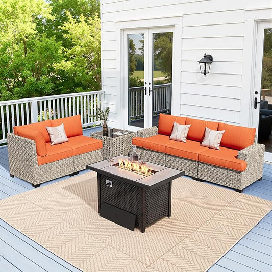Weaxty 7 Pieces Wide Seats Outdoor Furniture Set, L Shape Sectional Couch Ottoman Fire Pit Solar Table, Thick Cushion All-Weather Rattan Patio Conversation Sets for Backyard Porch Deck, Orange Red