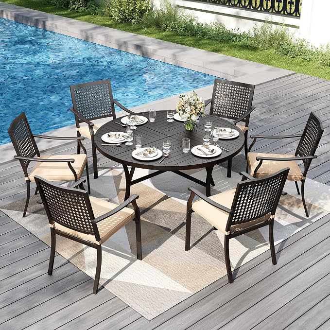PHI VILLA Outdoor Round Dining Table for 6, 54" Large Metal Wrought Iron Table with Umbrella Hole, All Weather Furniture for Patio, Deck, Yard, Porch - Black