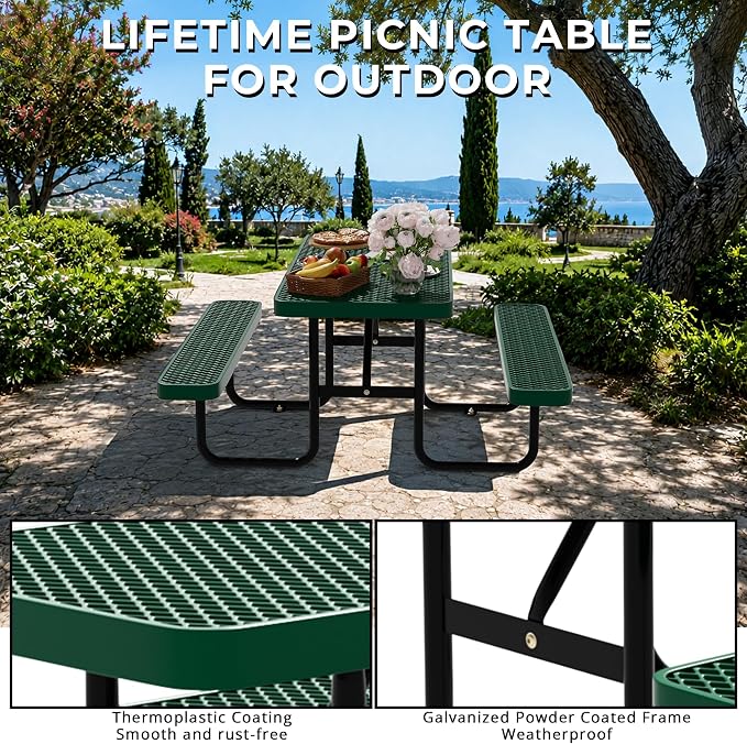 4FT Rectangular Steel Outdoor Picnic Table, Commercial Picnic Table Bench Set with Umbrella Hole, Weather-Resistant Heavy Duty School Dining Table for Stores, Park, Patio, Garden, Backyard, Green
