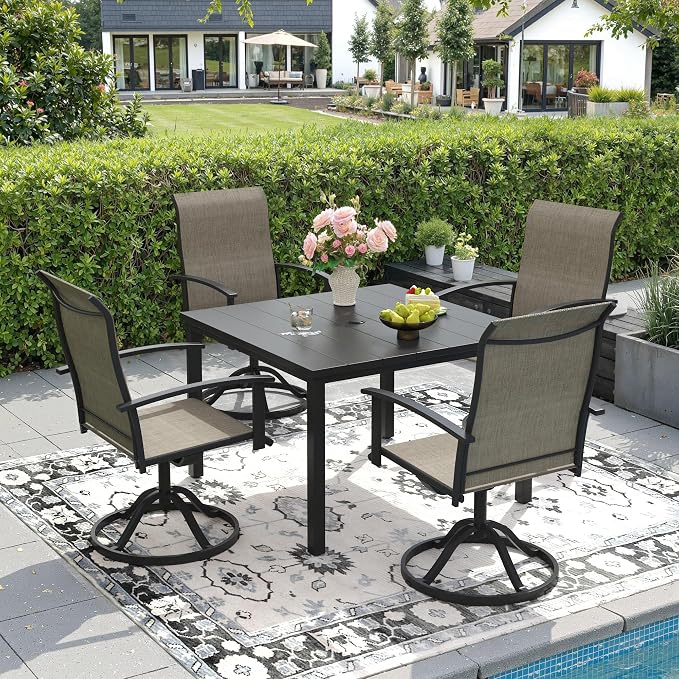 DIFY 40.2" Square Outdoor Dining Table for 4, Slatted Metal Patio Table with Adjustable Umbrella Hole, All-Weather Patio Dining Table for Garden Backyard Deck, Black Tabletop