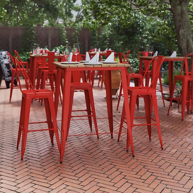BizChair Commercial Outdoor Dining Table Bar Height, All Weather Poly Resin Top with Steel Base, 31.5" Square, Brown/Red